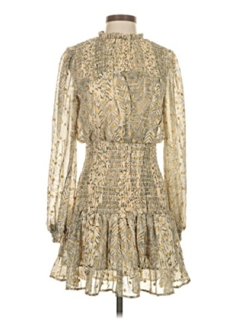 Smocked Patterned Long-Sleeve Mini Dress